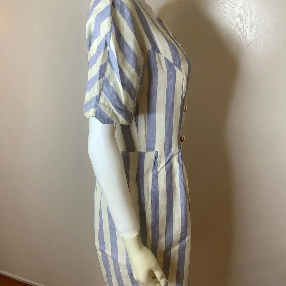 Elegant Linen Chunky Gold Button Blue and White Striped Midi Dress VTG - Picture 11 of 13